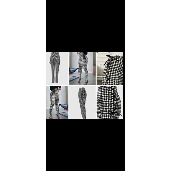 Houndstooth leggings with lace up sides, high waste stretchy pants . - Picture 4 of 13